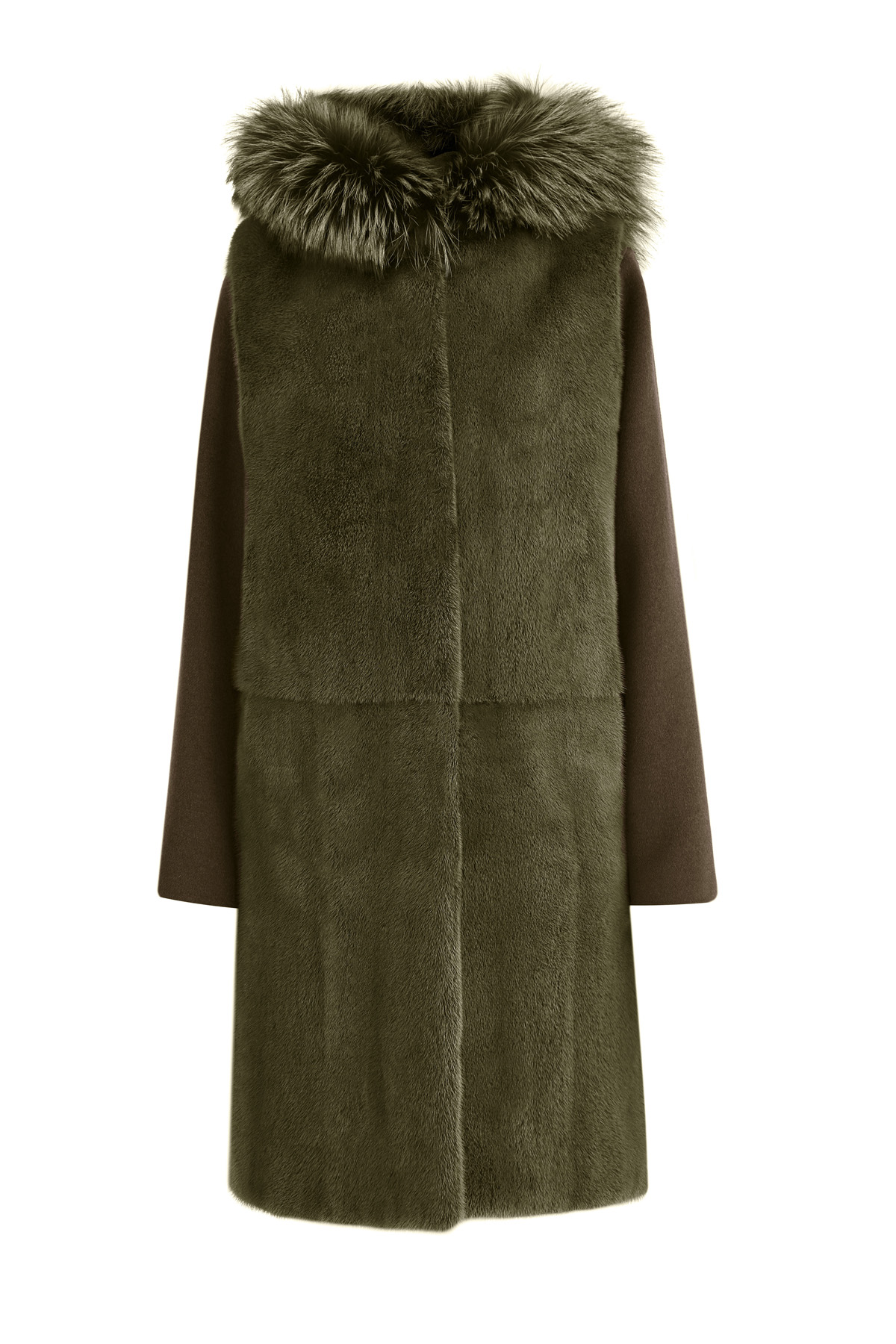 Пальто из шерсти со съемны жилетом из блестящего меха норки YVES SALOMON, цвет хаки, размер 34 - фото 1